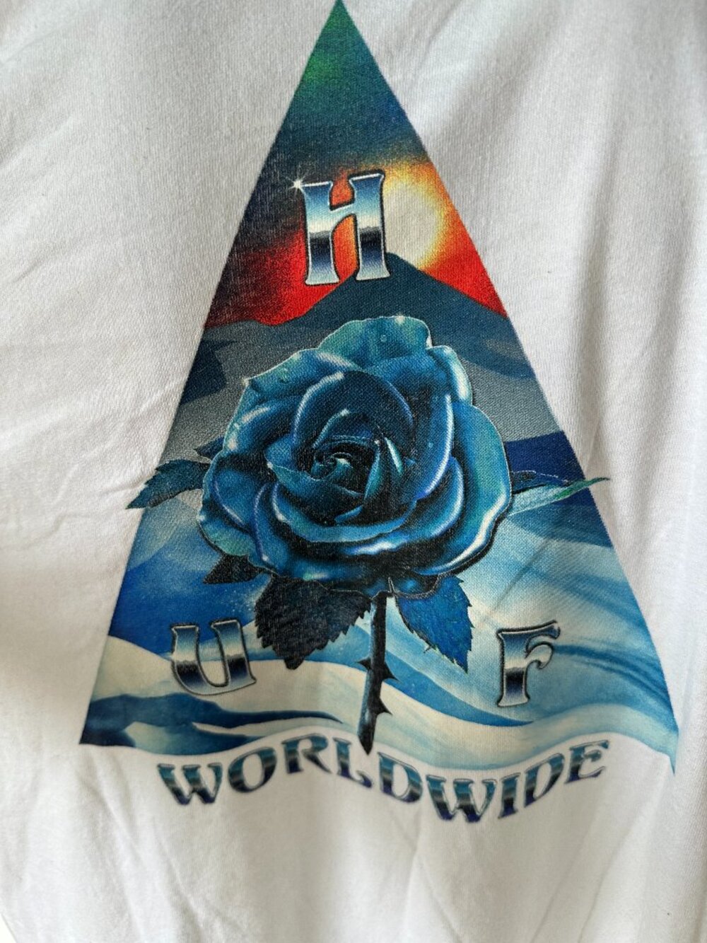HUF Worldwide Blue Rose Design Men's White T Shirt Size 2XL XXL